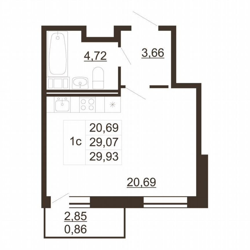 Квартира-студия, 29,9 м², 4/6 эт.