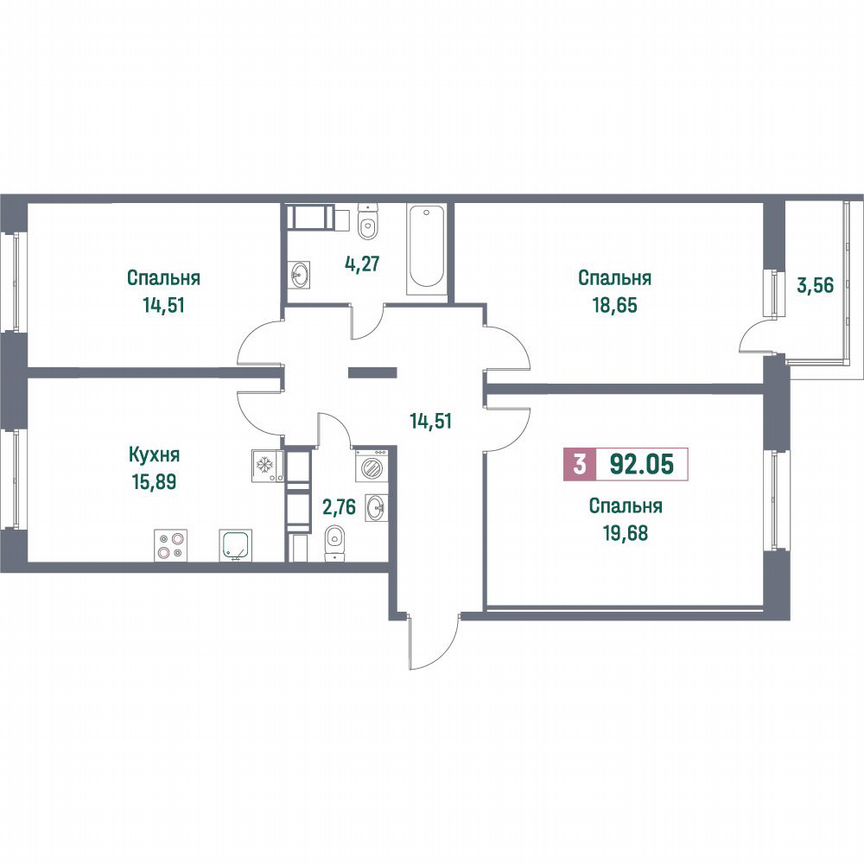3-к. квартира, 92,1 м², 3/16 эт.