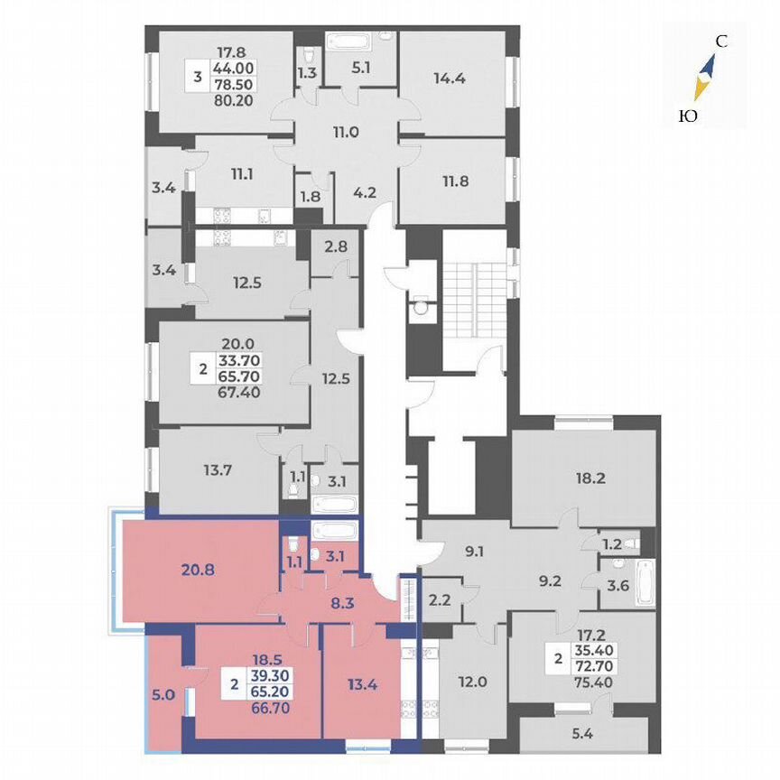 2-к. квартира, 66,7 м², 4/7 эт.