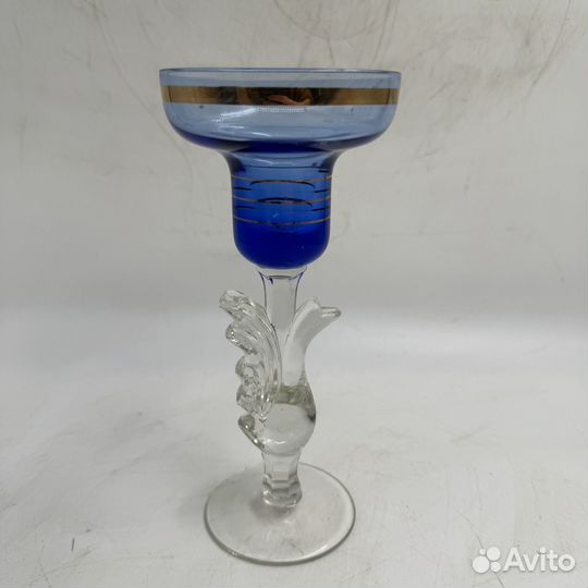 Подсвечник стеклянный птица счастья синее стекло