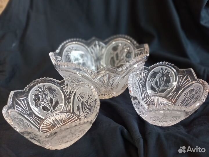 Хрустальный набор салатников «Цветы» 4шт