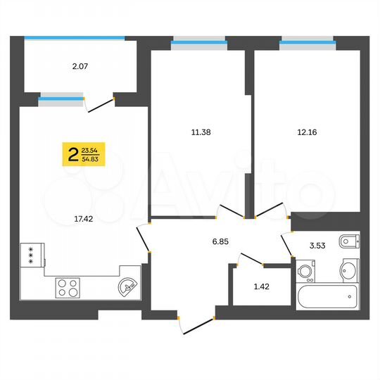 2-к. квартира, 54,8 м², 16/18 эт.