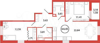 2-к. квартира, 64,5 м², 8/12 эт.