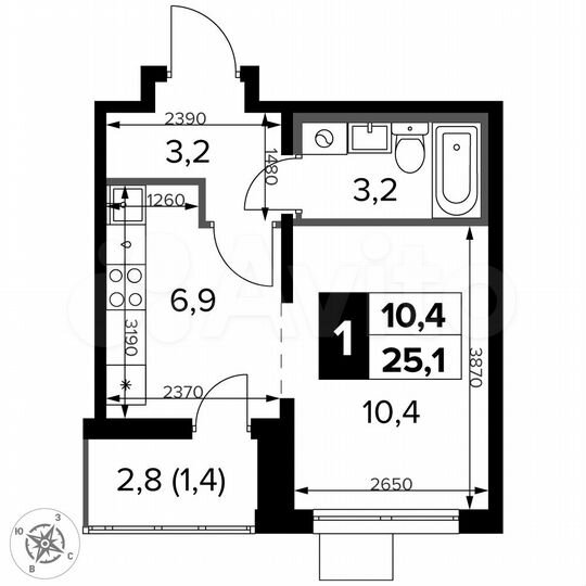 Квартира-студия, 25,1 м², 23/24 эт.