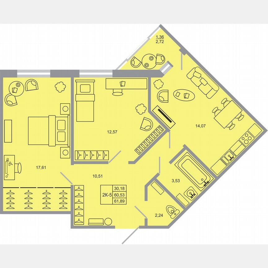 2-к. квартира, 61,9 м², 12/17 эт.