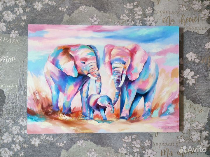 Картина Слоны маслом на холсте 50/70 см