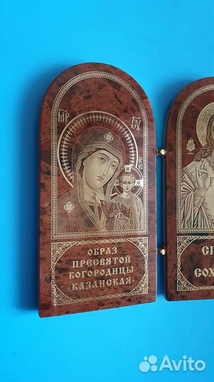 Казанская бм и Спаситель икона из лавы вулкана