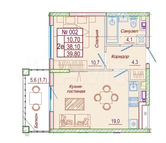 1-к. квартира, 39,8 м², 3/5 эт.