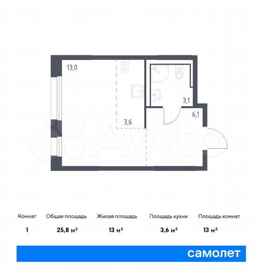 Квартира-студия, 25,8 м², 16/16 эт.