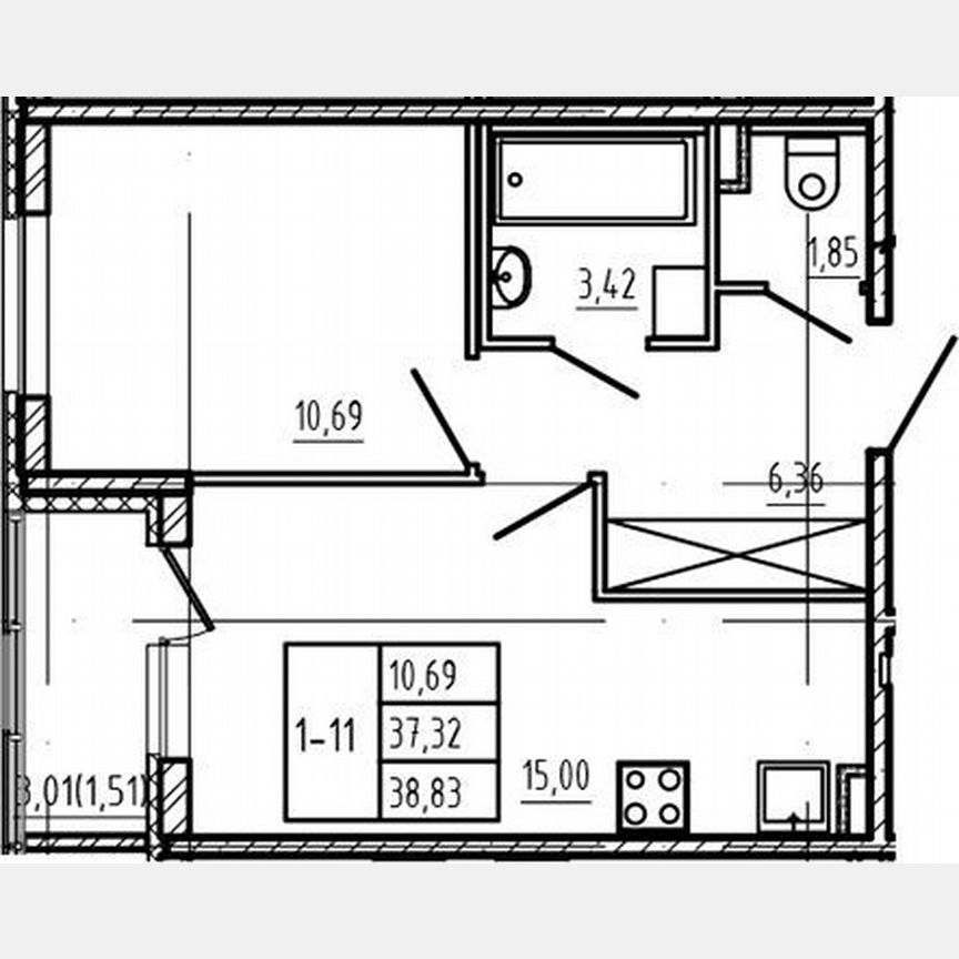 1-к. квартира, 37,3 м², 1/4 эт.