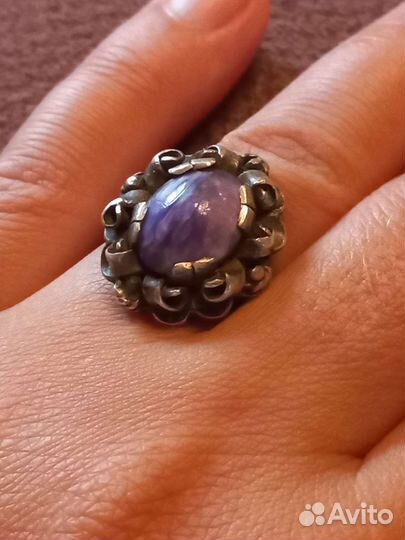 Серебряное кольцо, природный чароит, винтаж