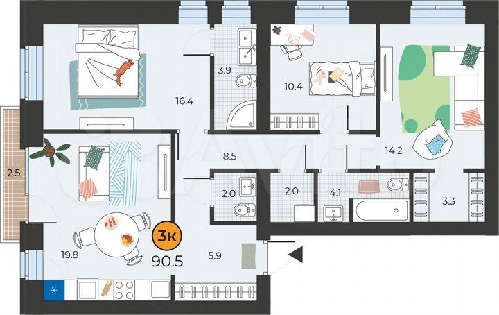 3-к. квартира, 90,5 м², 4/6 эт.