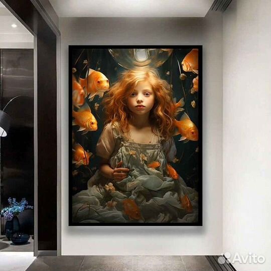 Большая картина маслом девочка с рыбками Примерка