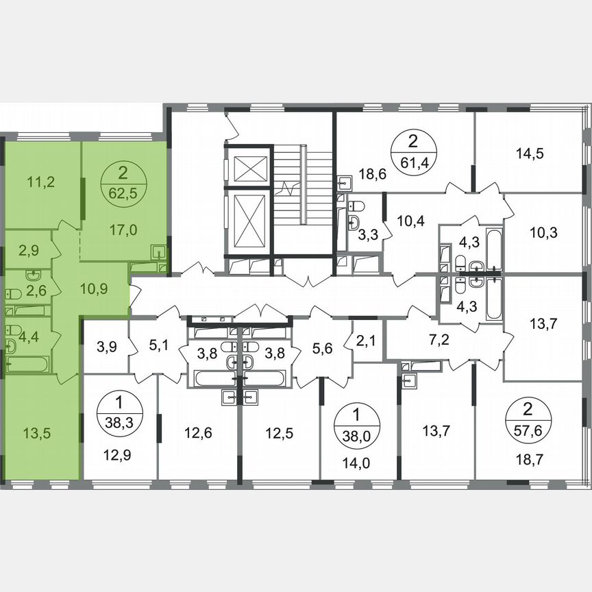 2-к. квартира, 62,5 м², 10/17 эт.