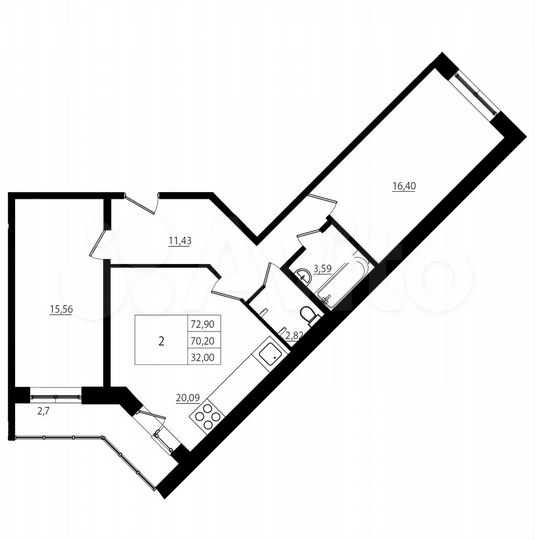 2-к. квартира, 72,9 м², 2/16 эт.