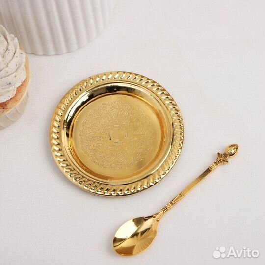 Набор блюдец «Золото», с подставкой, с ложками, 6