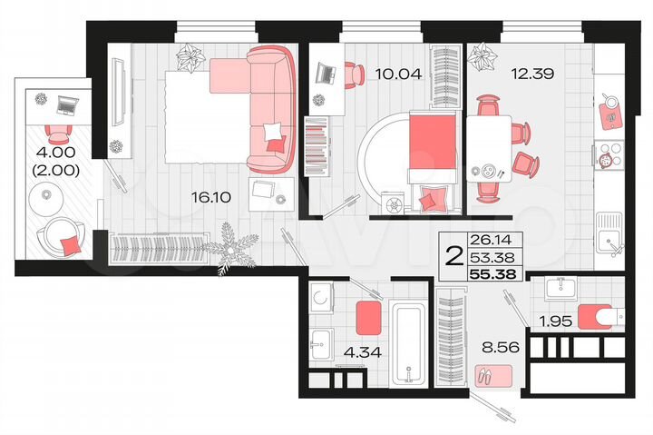 2-к. квартира, 55,4 м², 4/14 эт.