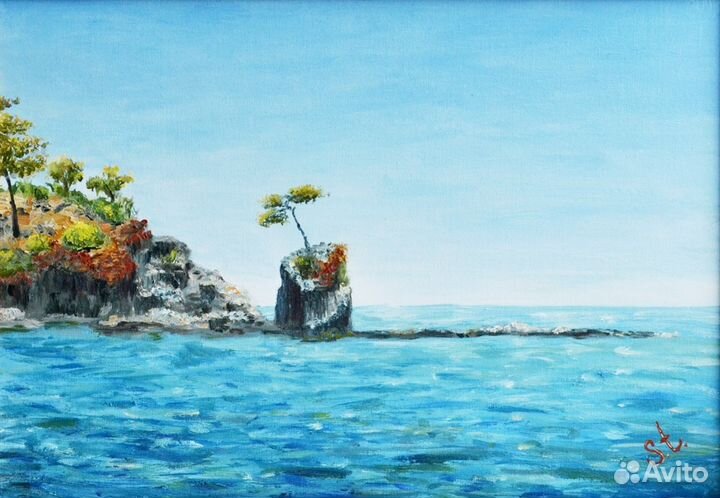 Картина маслом, в раме - Одинокая сосна