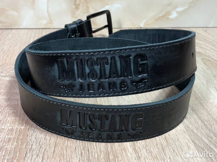 Ремень мужской Mustang Jeans кожаный. Чёрный