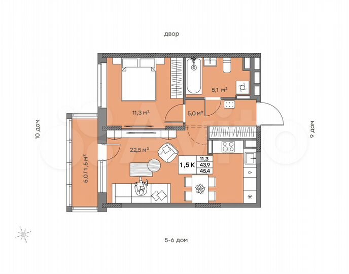1-к. квартира, 45,4 м², 7/14 эт.
