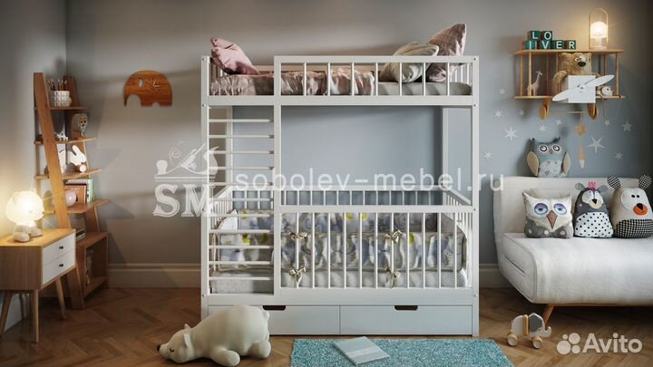 Кровать манеж двухъярусная с ящиками