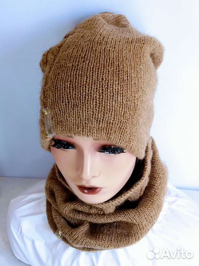 Комплект вязаный шапка бини снуд и митенки новый