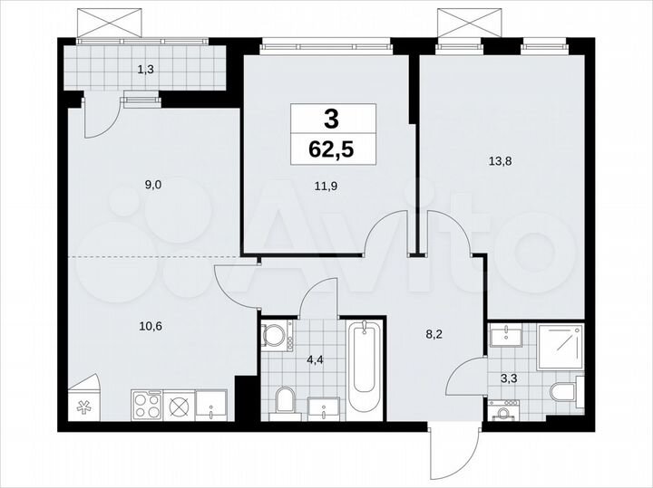 3-к. квартира, 62,5 м², 7/14 эт.