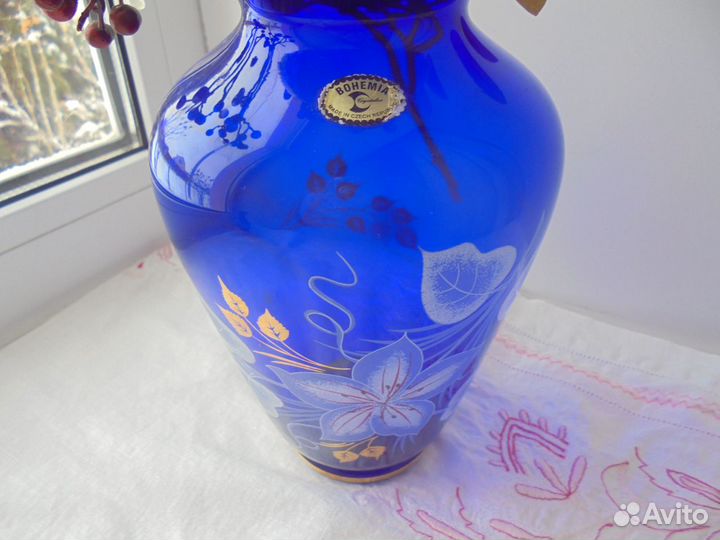 Хрусталь Богемия ваза д/цв кобальт позол выс 20 см