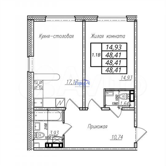 1-к. квартира, 48,4 м², 6/10 эт.