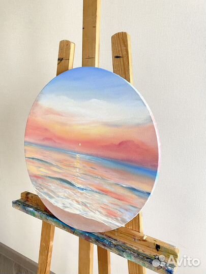 Картина маслом рассвет пейзаж море круглая закат