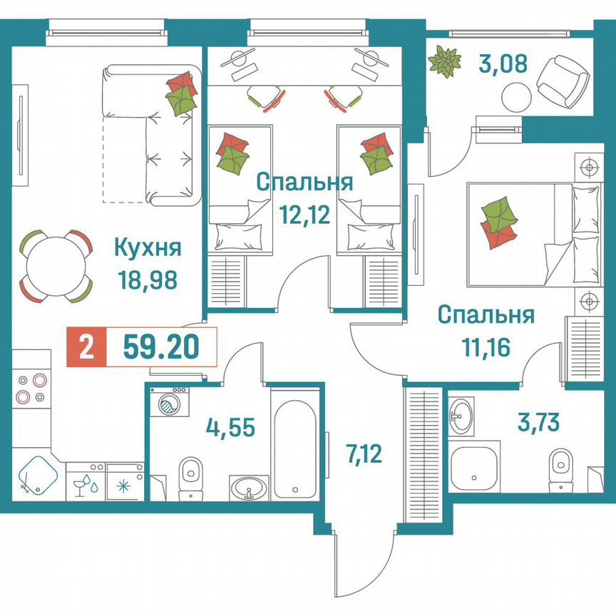 2-к. квартира, 59,2 м², 1/18 эт.
