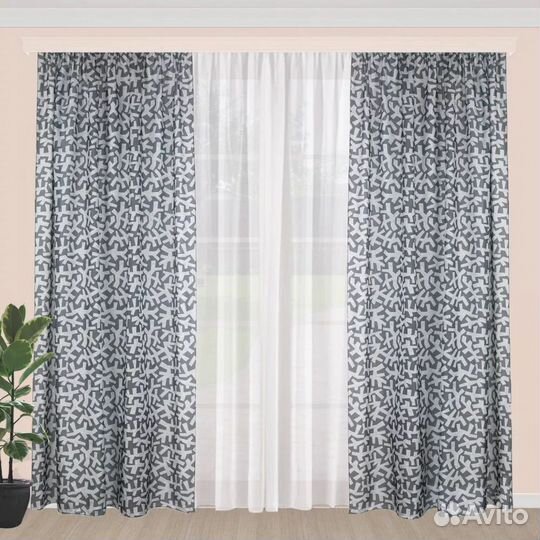Шторы серые с узорами с тюлью, 300х260 (комплект)