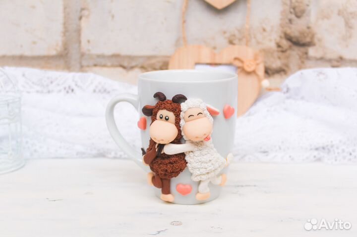 Кружка с декором из полимерной глины. Овечки