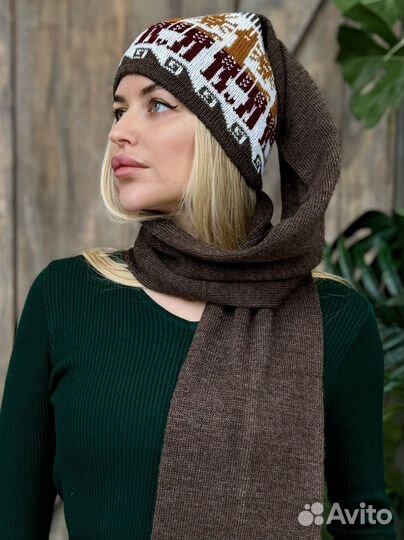 Перуанская женская шапка- шарф Лама цвет коричневый