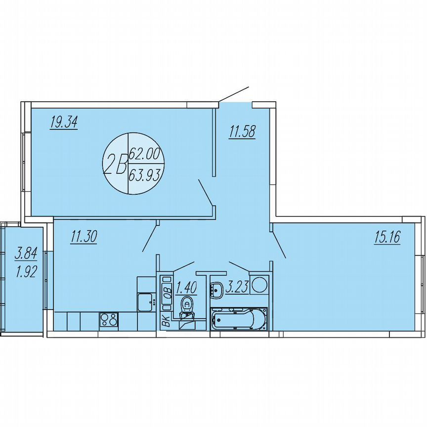 2-к. квартира, 63,9 м², 3/4 эт.