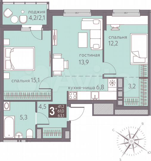 3-к. квартира, 63,1 м², 6/16 эт.