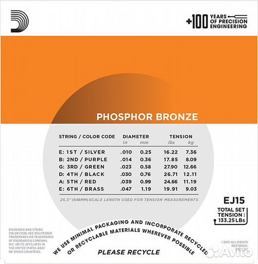EJ15 phosphor bronze акустика,10-47 D'Addario
