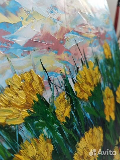 Картина одуванчики маслом цветы 15 на 20 см