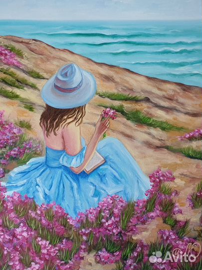 Картина с Девушкой лавандой и морем 50х40см масло
