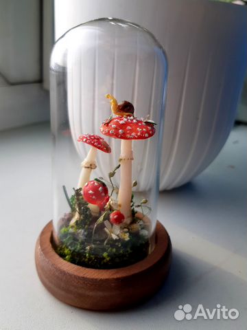 Клош стеклянный с мухоморами