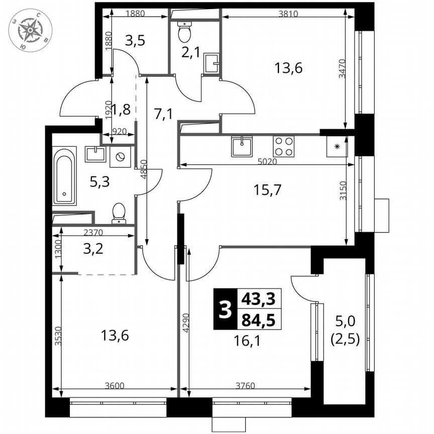 3-к. квартира, 84,5 м², 3/21 эт.