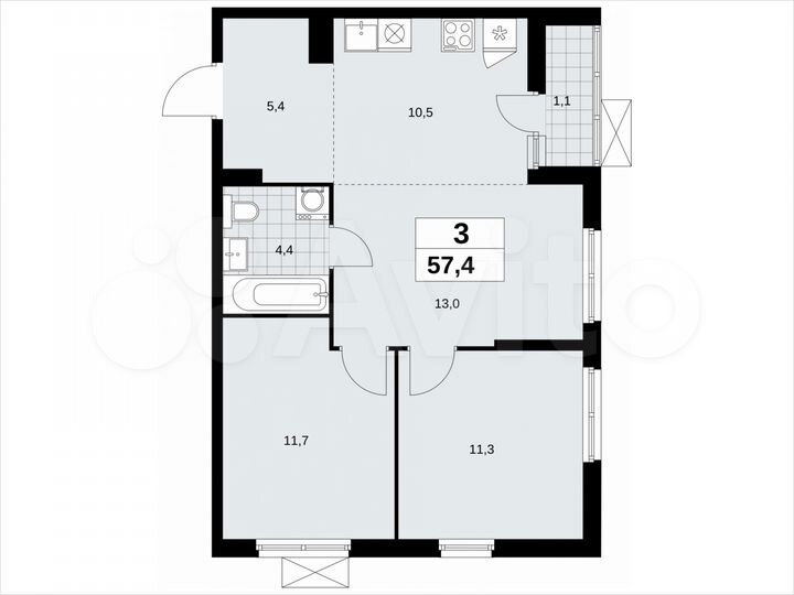 3-к. квартира, 57,4 м², 9/13 эт.