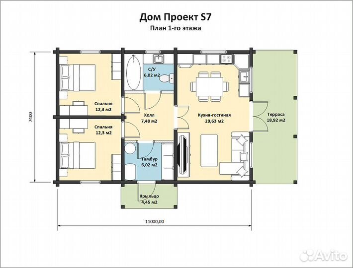 Дом из бруса 7.4X11