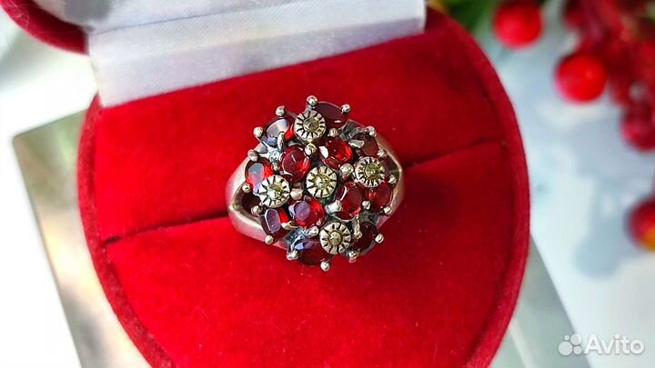 Винтаж кольцо с гранатами 3ct, 7,89 гр, 925