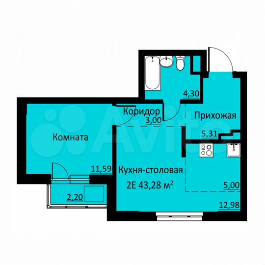2-к. квартира, 43,3 м², 4/16 эт.