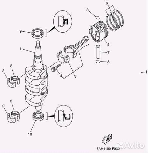 Коленвал Yamaha (Ямаха) и аналоги 9.9 л.с 4т