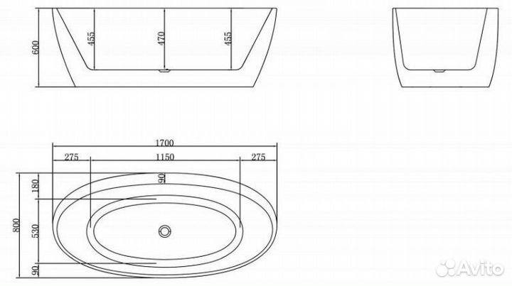 Ванна отдельностоящая акриловая BelBagno BB404 170x80, размер 170х80х60 см