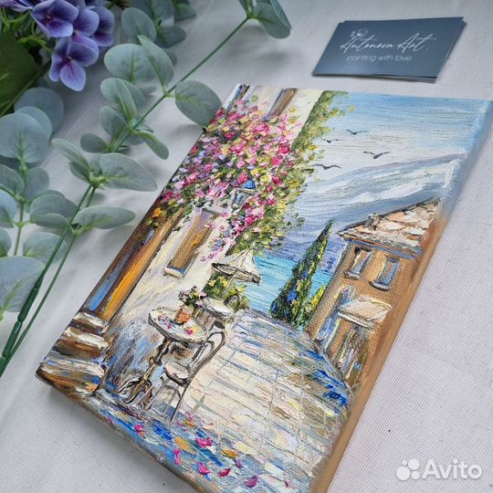 Картина маслом пейзаж средиземноморье море цветы