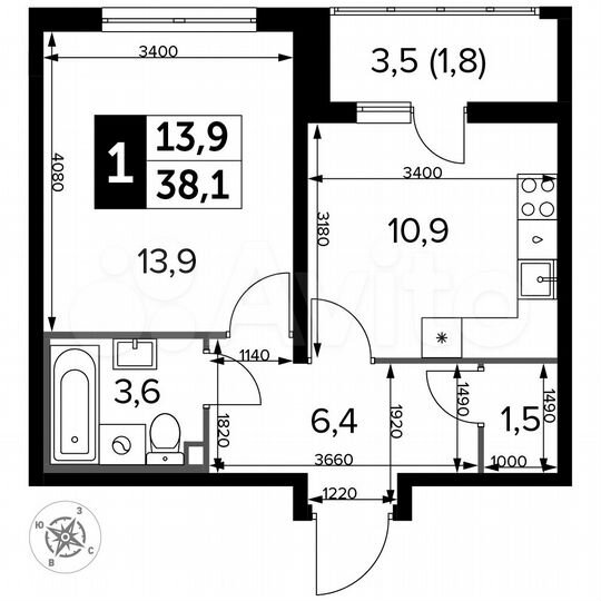 1-к. квартира, 38,1 м², 3/24 эт.