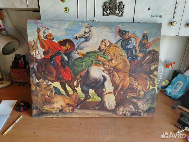 Картина 50х годов, х/м, охота на львов